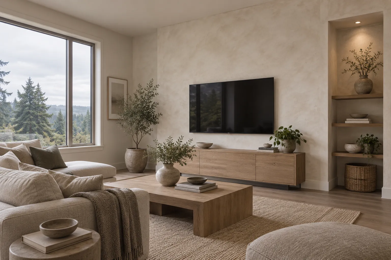 Family room with drywall walls finished in soft warm-white limewash