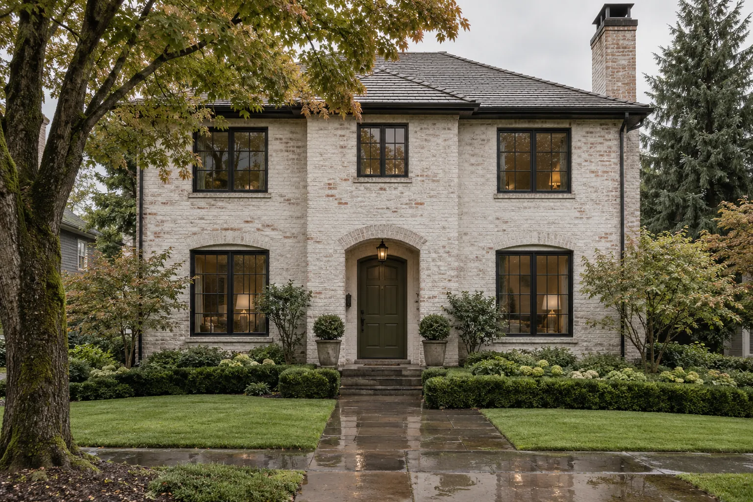 Two-story brick house limewashed in soft warm white beside evergreen trees