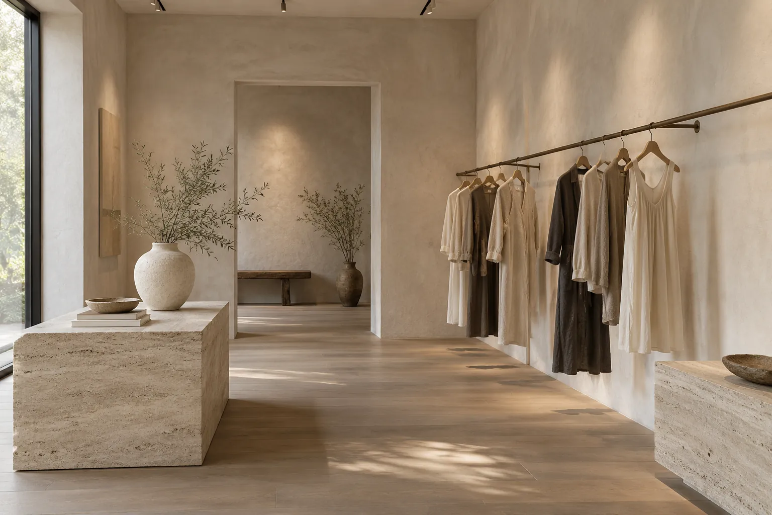 Boutique shop interior with pale clay limewash walls and a travertine display